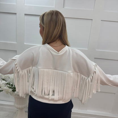 Athens: White short tassel sweatshirt. One size: 10-16