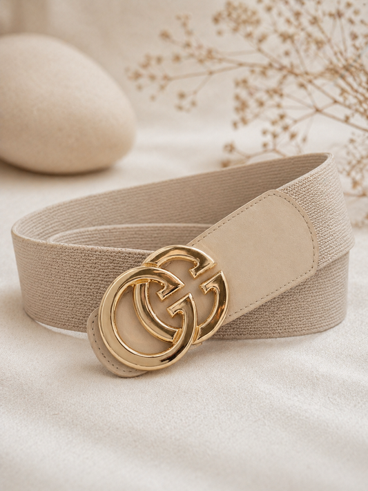 Calla: Wide gold GG buckle wide belt. One size: 8-16. 5 colours