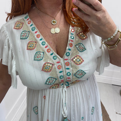 Georgia: White & green embroidered maxi dress. One size: 8-16