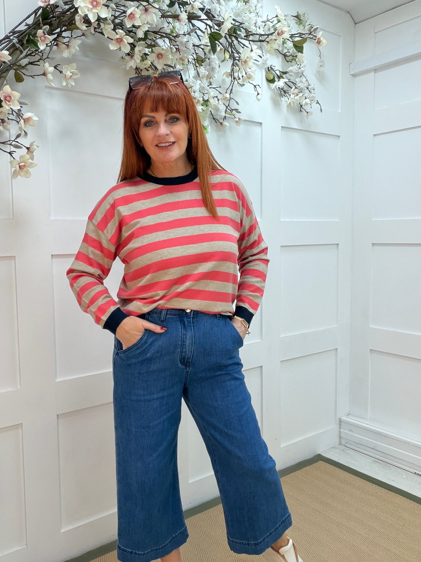 Solene: Coral & stone stripe long sleeve top. One size: 12-16