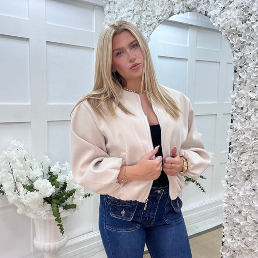 Jamiee: Cream soft feel bomber jacket. One size: 8-16