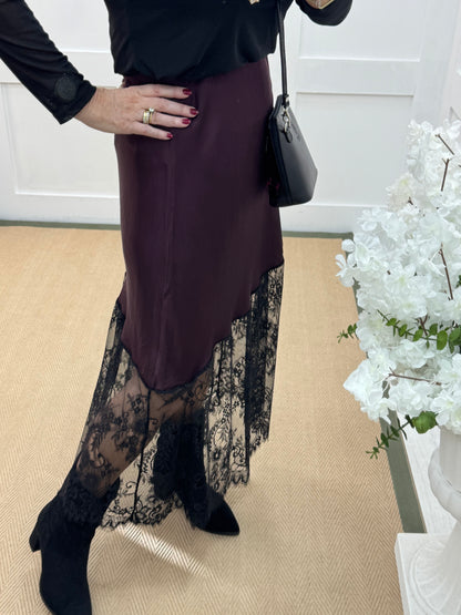 Sylphie: Burgundy Silk Skirt with Sheer Lace Bottom. One size: 10-16