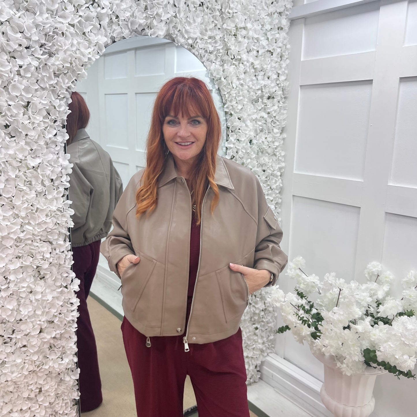 Bobbie: Mocha oversized faux leather bomber jacket. 2 sizes