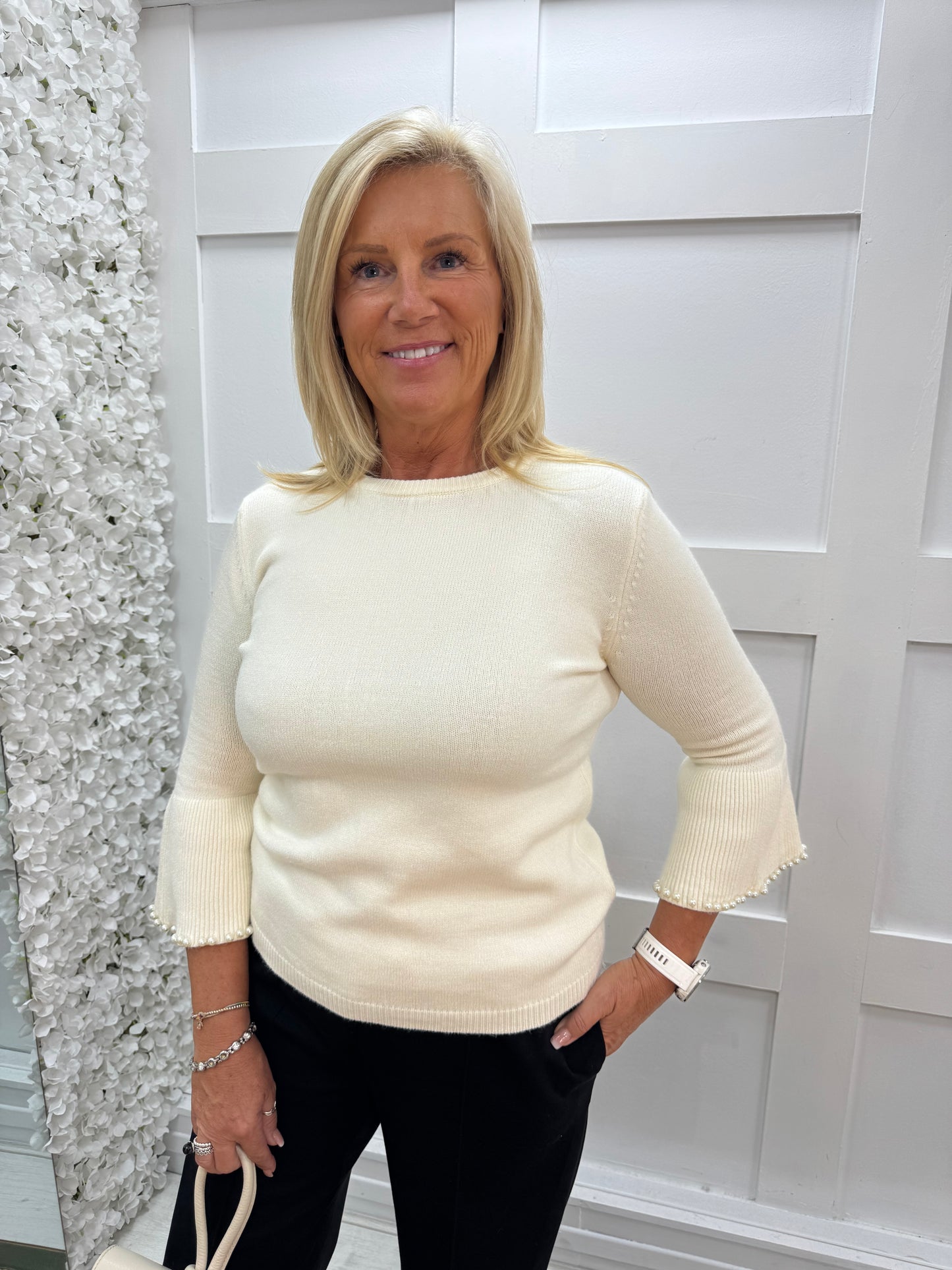 Julia: Cream pearl sleeve fitted top. One size 10-14