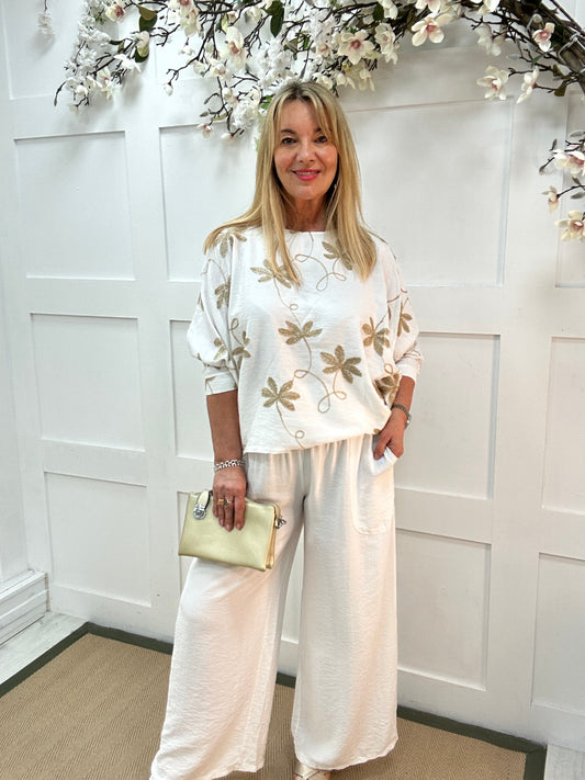 Ella: White & gold floral embroidered batwing long sleeve top. One size: 14-20