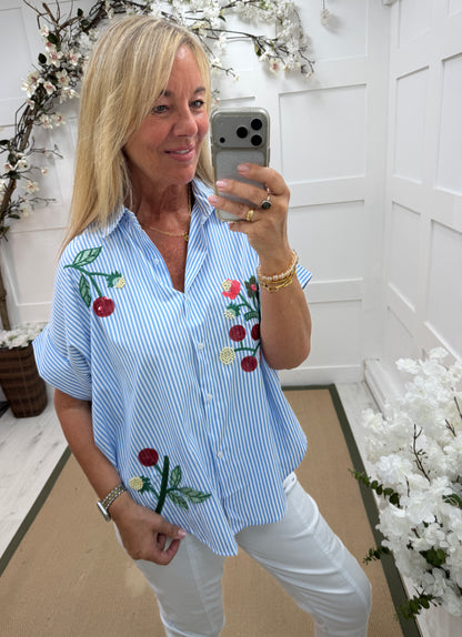 Beau: Blue stripe floral sequin embellished shirt. One size: 14-20