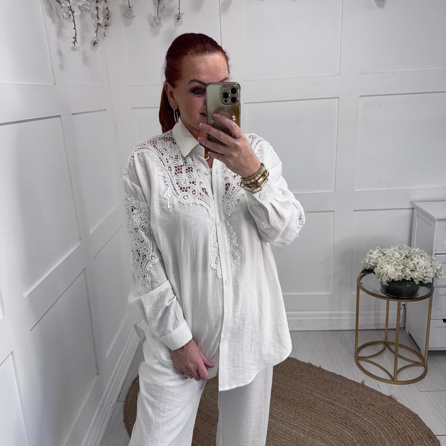 Skye: White oversized crochet shirt. One size: 16-20