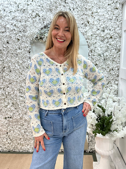 Gracie: Blue and cream heart crochet cardigan top. 2 sizes.