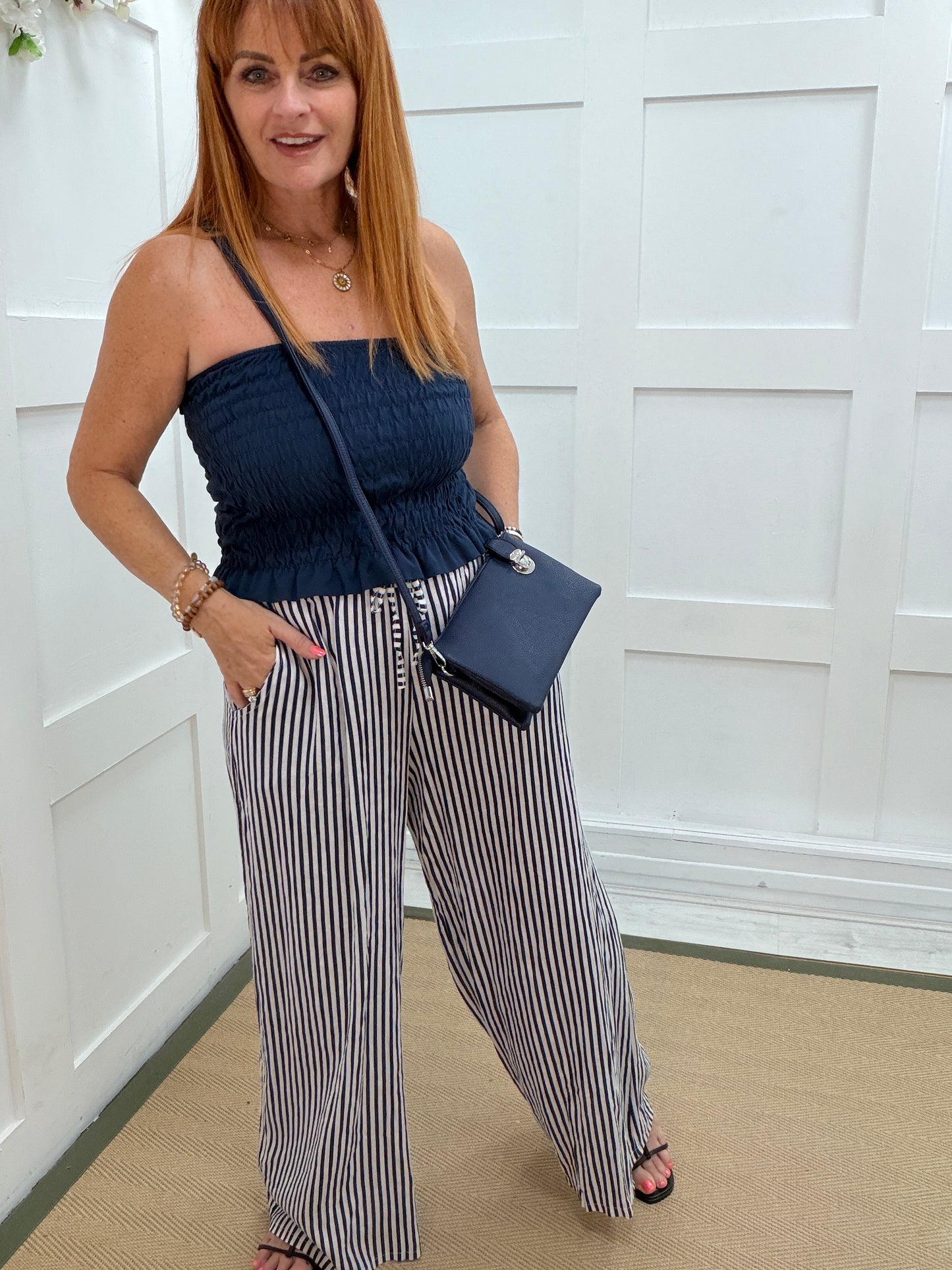 Suki: Wide leg stripe linen trousers. One size: 10-16. 3 colours