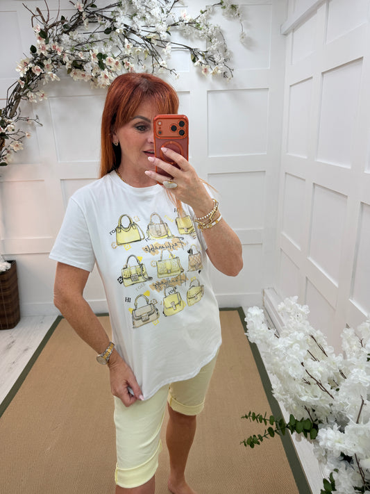 Petra: White diamanté handbag T shirt. One size: 12-18. 2 colours