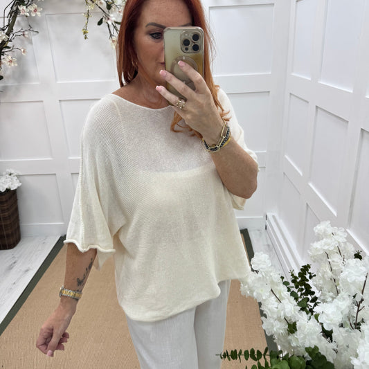 Amanza: Cream cotton fine knit top. One size: 10-18
