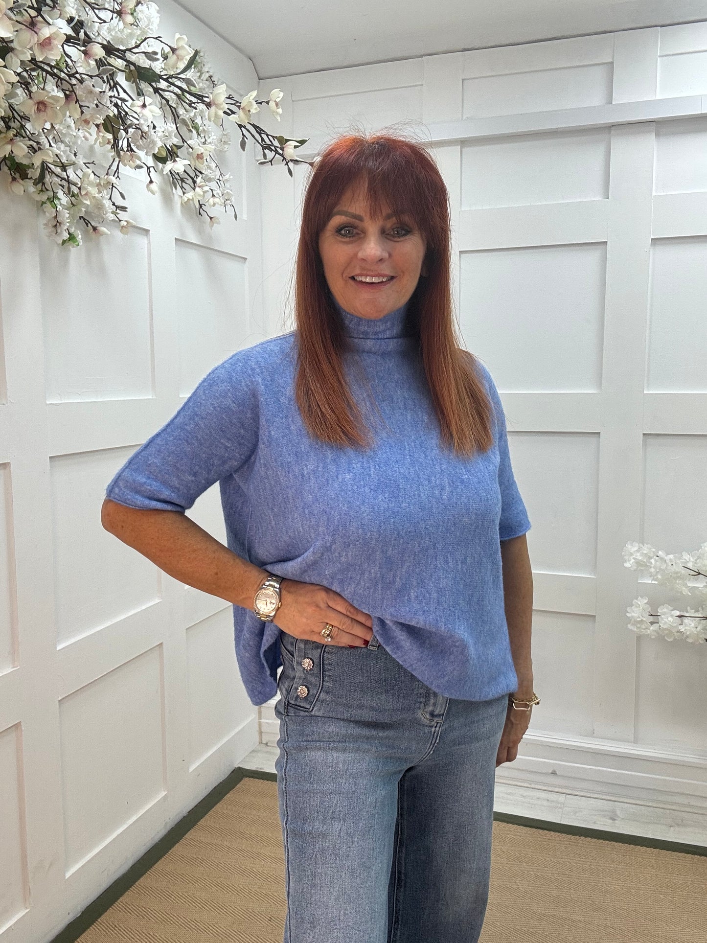 Goldie: Blue short sleeve knitted top. One size: 10-16