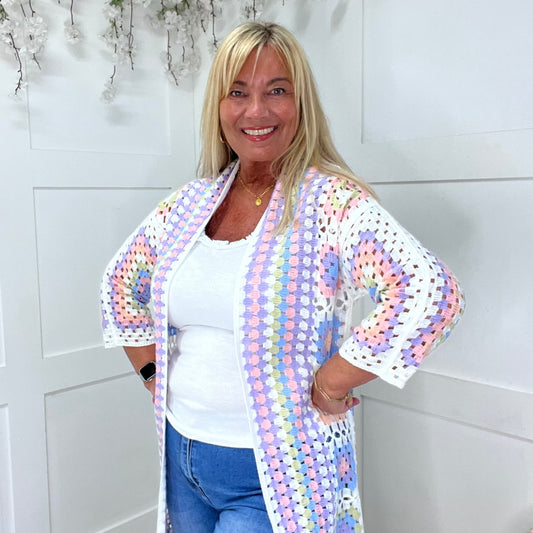 Hayley: Pastel long crochet cardigan. One size: 14-20