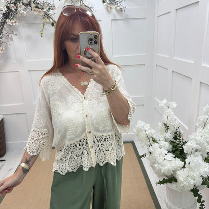 Effie: Cream embroidered cardigan top. One size: 12-18