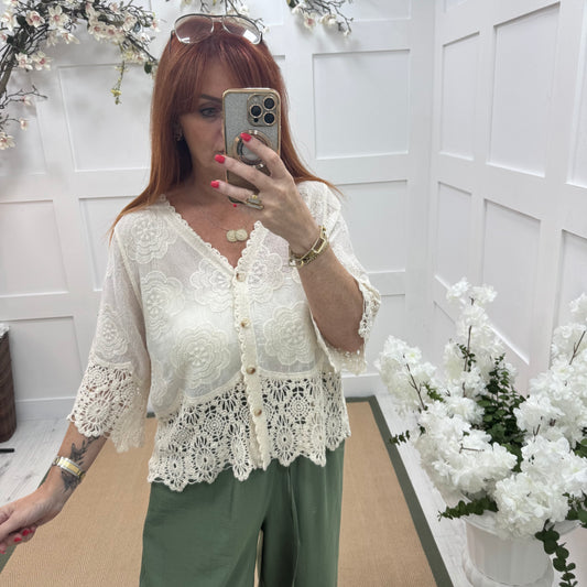 Effie: Cream embroidered cardigan top. One size: 12-18