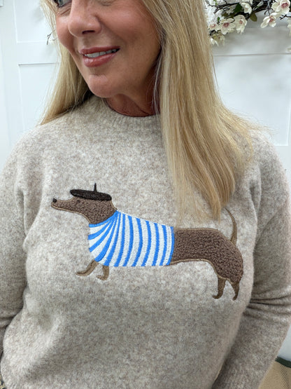 Delilah: Oatmeal long sleeve “dachshund dog” knit jumper. 2 sizes