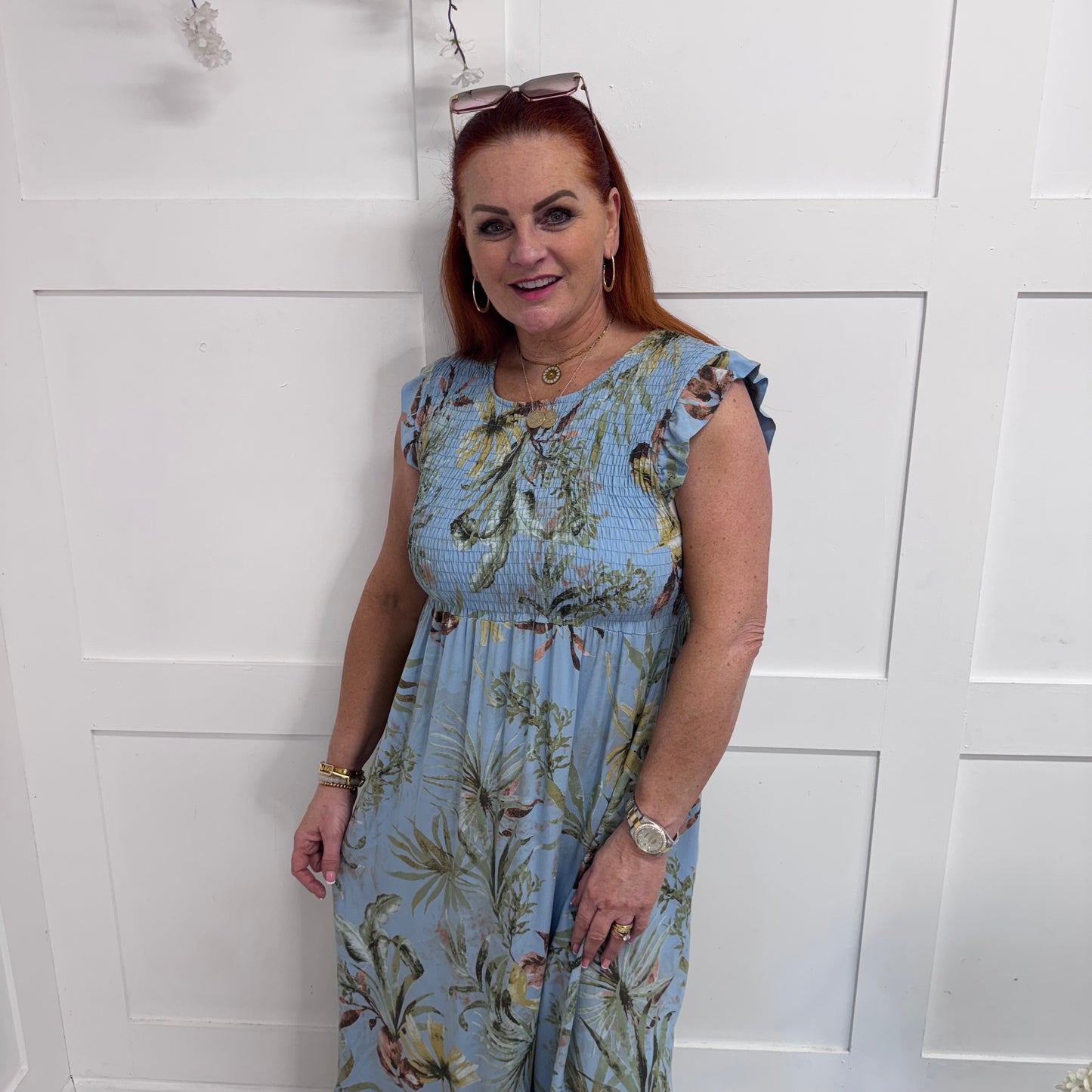 Sophia: Blue tropical print midi dress. One size 8-16/18
