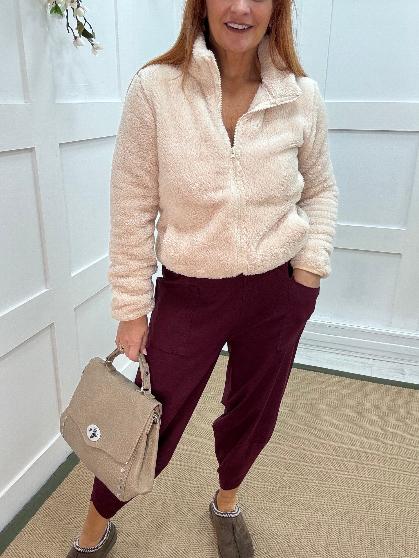 Taylor: Burgundy cocoon harem trousers. One Sz: 10-16