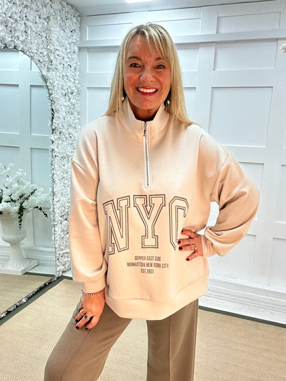 Nyla: Cream NYC half zip oversized sweater. One size: 14-20