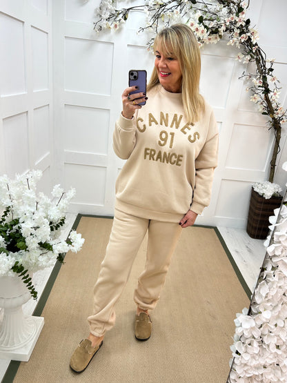 Chloe: Cream Cannes 2 piece loungewear set. One size: 14-18