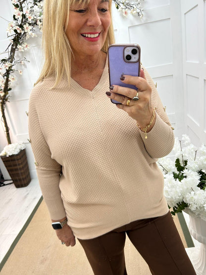 Bridie: Sand clover button detailed waffle top. One size 14-20