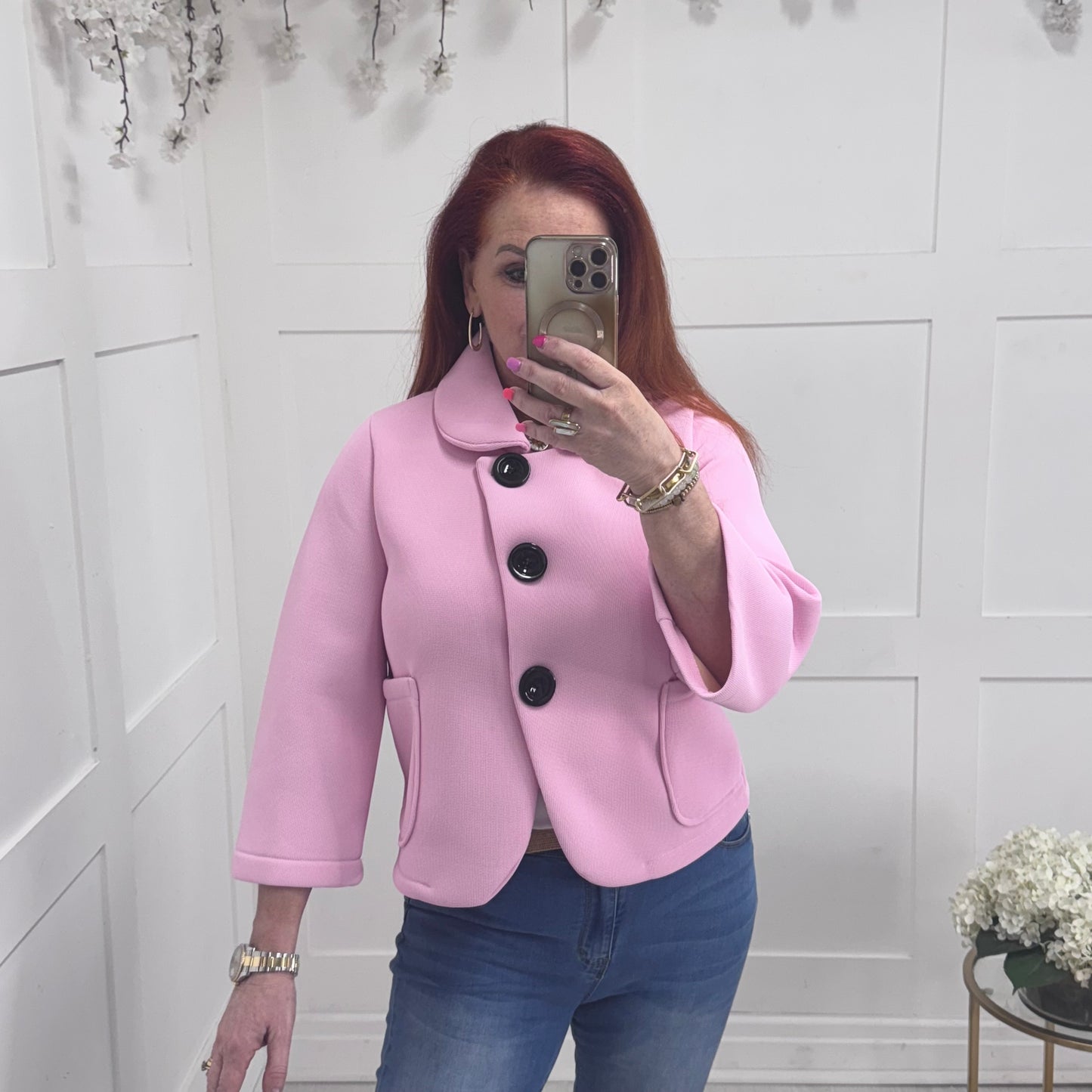 Margot: Pink short large button jacket. One size: 10-16