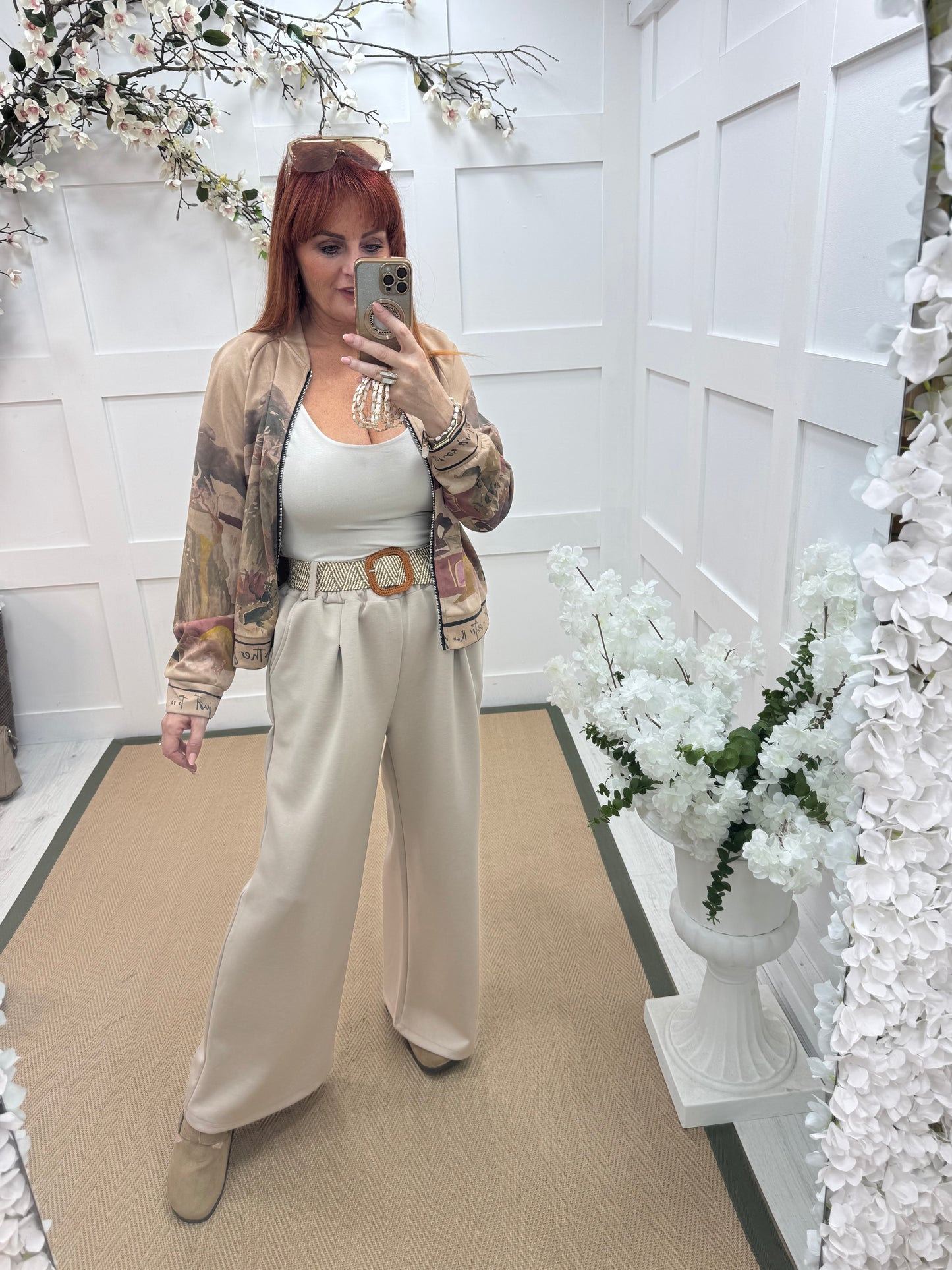 Ellis: Cream stretchy wide leg belted trousers One Size: 14-20