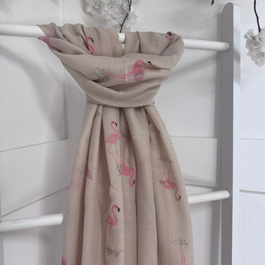 Demi: Cream & pink flamingo glitter scarf