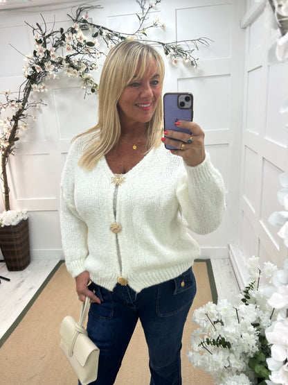 Emily: White V neck gold button cardigan. One size: 14-20