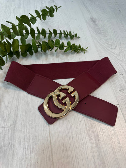 Calla: Burgundy gold GG buckle wide belt. One size: 8-16