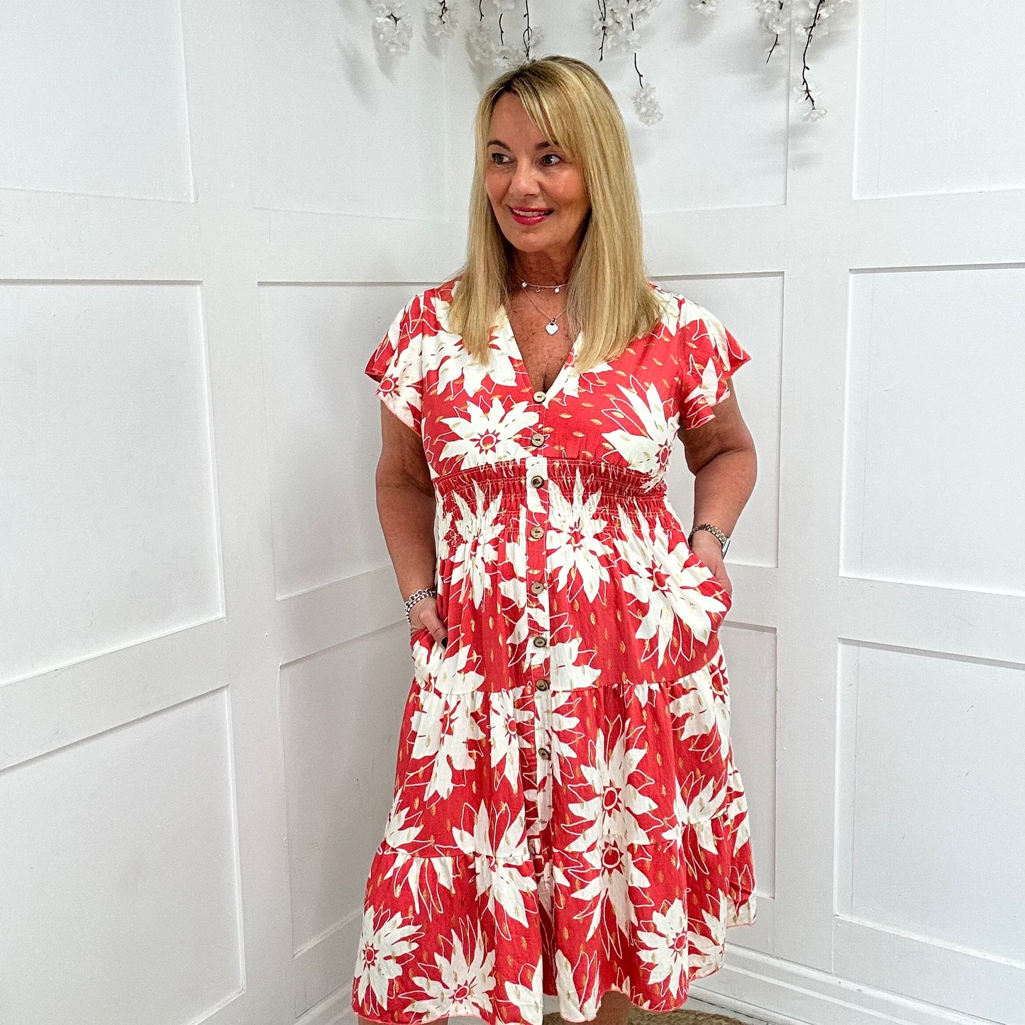 Emmy: Coral & white stretchy V neck midi dress. One size: 10-20