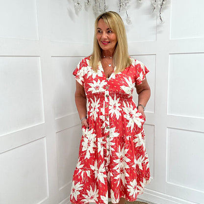 Emmy: Coral & white stretchy V neck midi dress. One size: 10-20