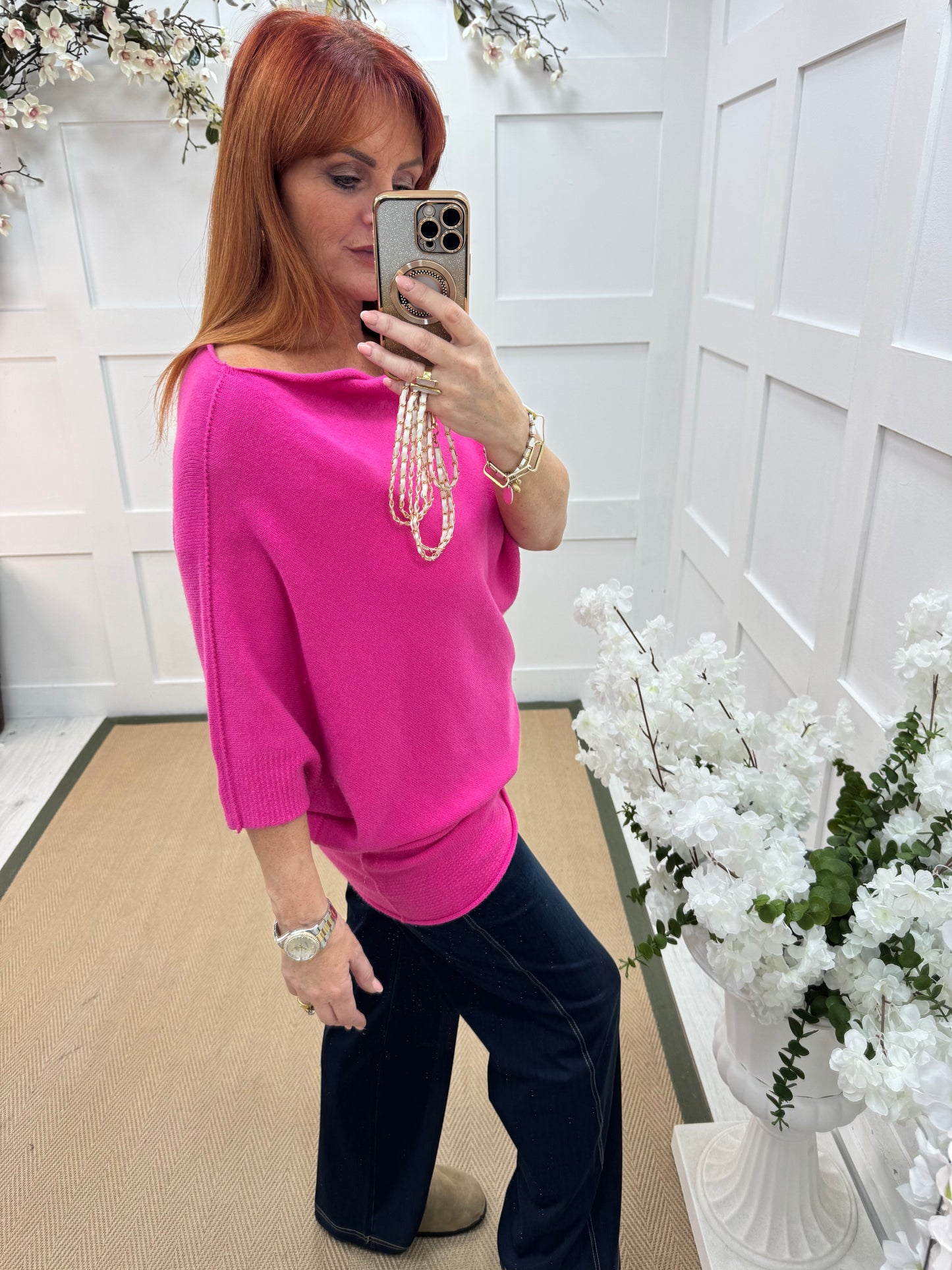 Samantha: Hot pink asymmetrical slouch top. One size 10-18