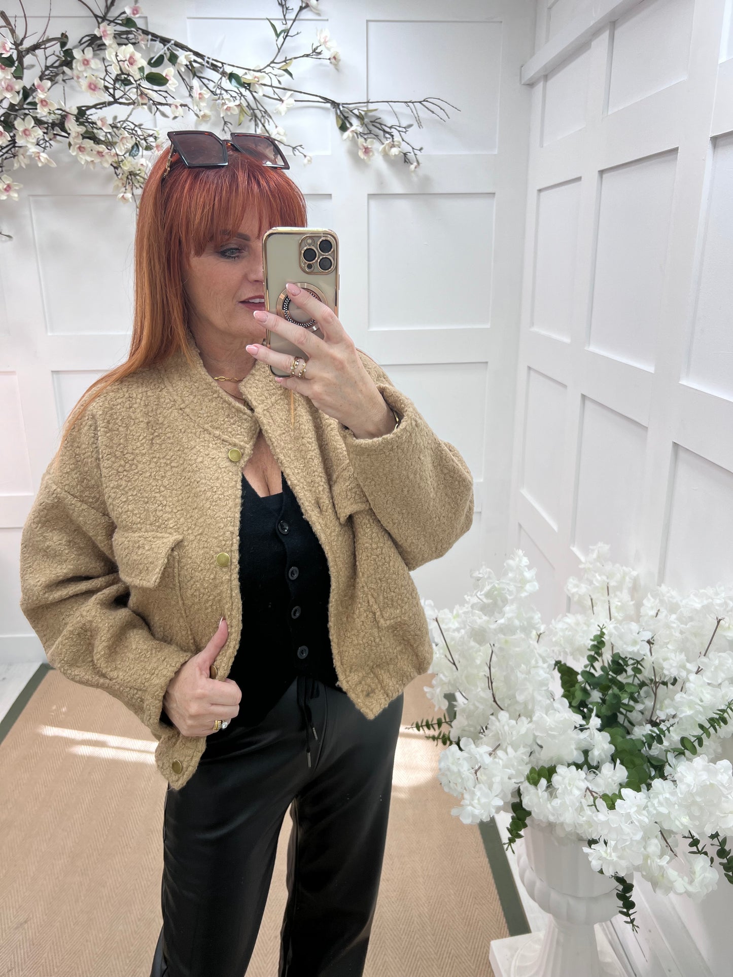 Kleo: Sand short boucle bomber jacket. One size: 12-18