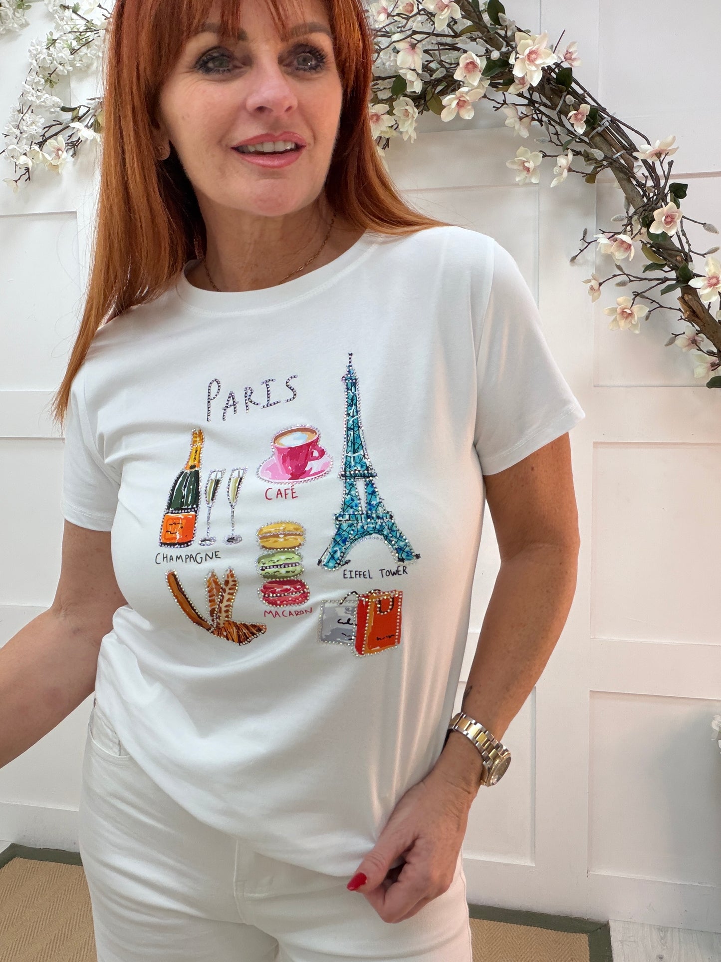 Pia: White diamanté’ Paris inspired T shirt. 2 sizes