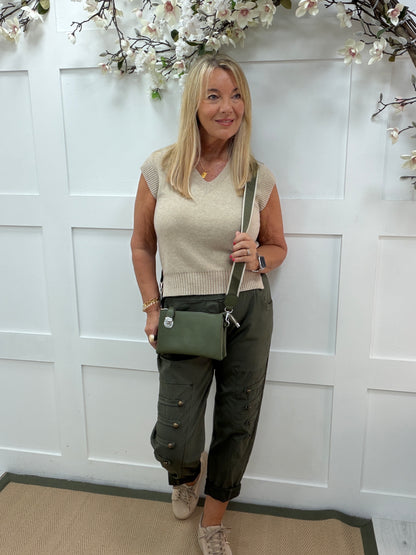 Mika: Stretchy military button detail magic trousers. One size 14-18. 3 colours