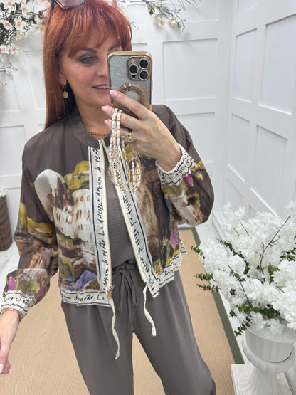 Steph: Silky brown Amalfi printed bomber jacket. One size: 8-18