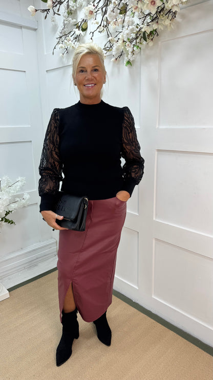 Alora: Black crochet balloon sleeve top. 3 sizes.