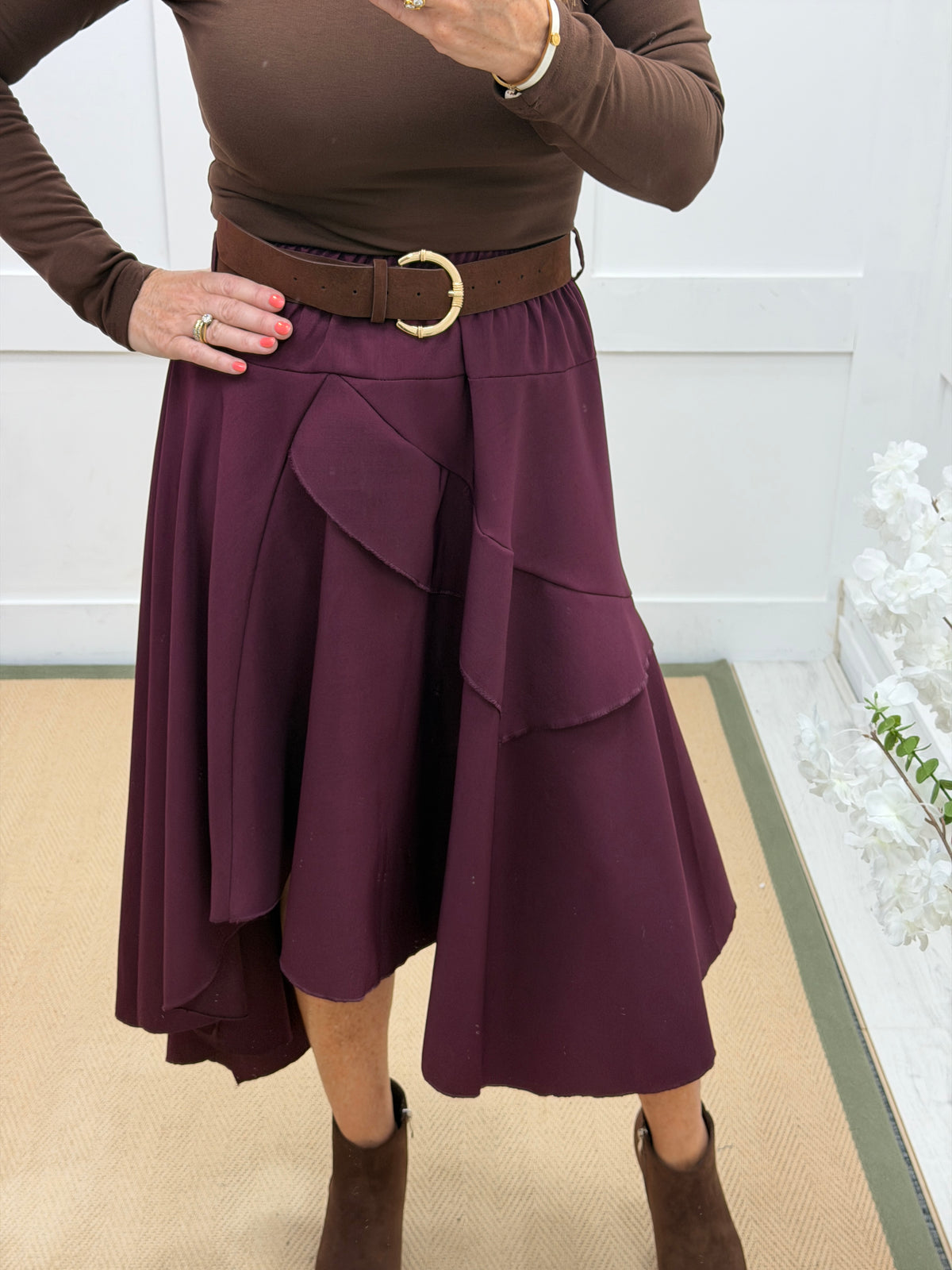 Sabrina: Asymmetrical layered belted midi skirt. One size: 10-16. 3 colours