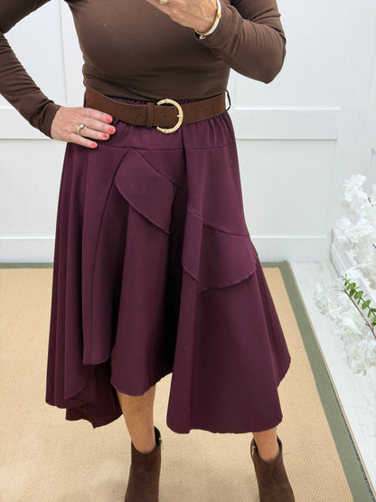 Sabrina: Asymmetrical layered belted midi skirt. One size: 10-16. 3 colours