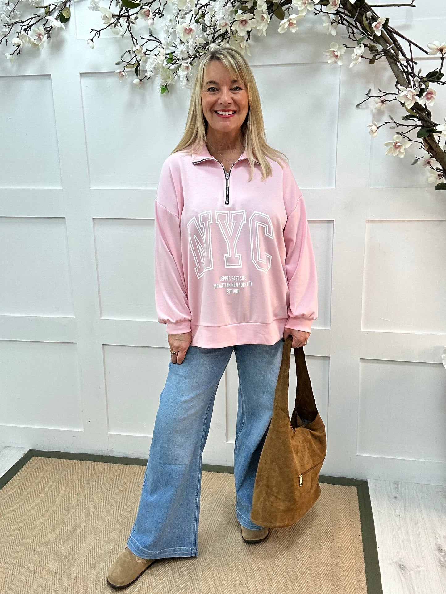 Nyla: Pink NYC half zip oversized sweater. One size: 14-20