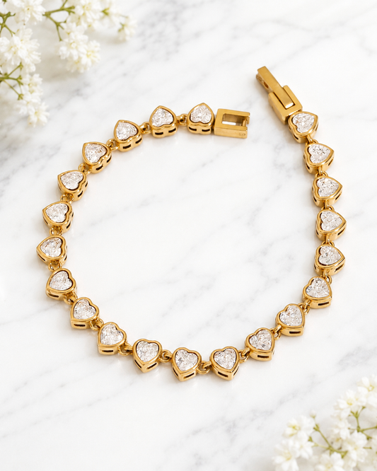 Valentina: 18K gold cz heart tennis bracelet