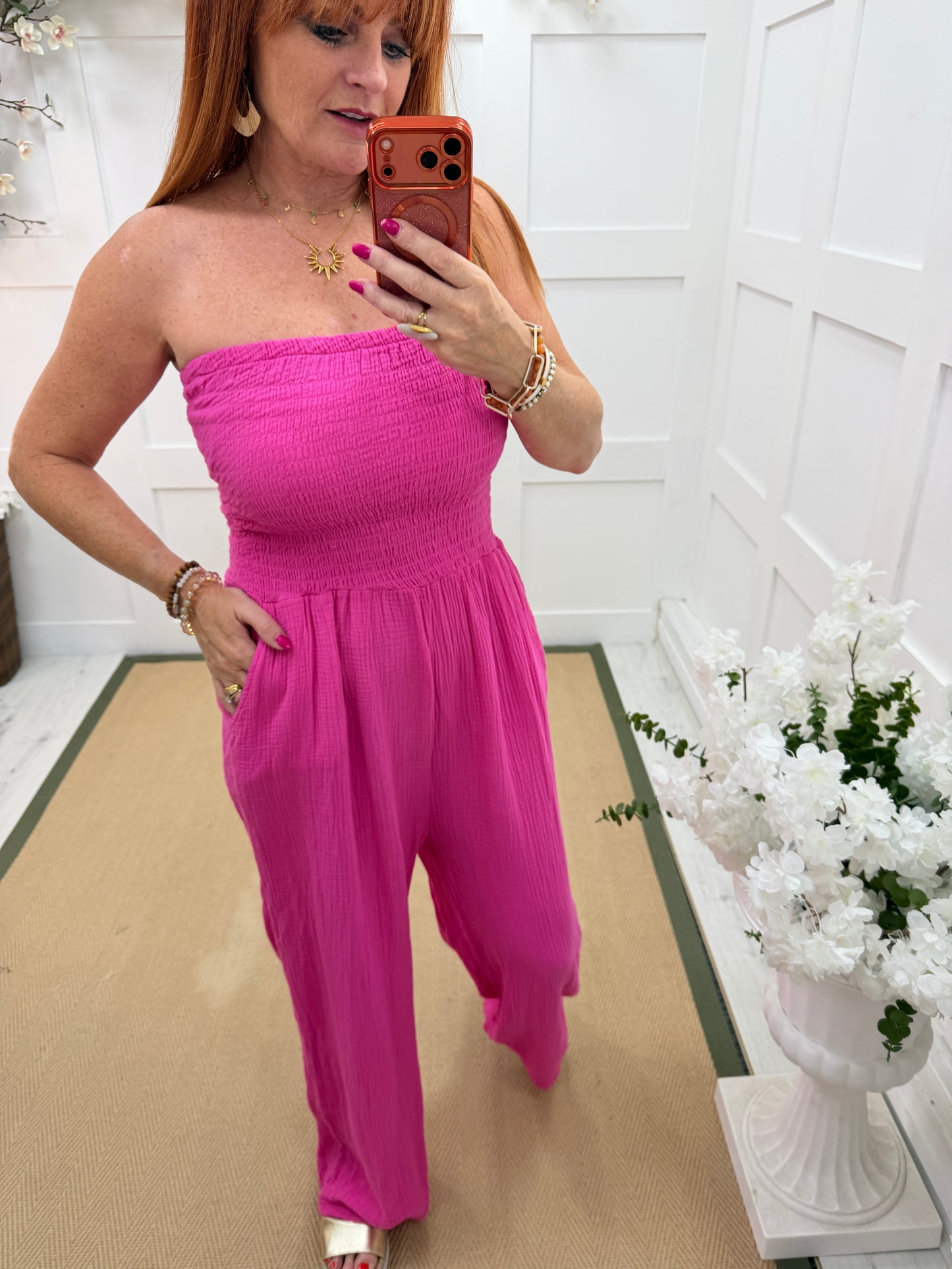 Hollie: Cotton bandeau wide leg jumpsuit. One size: 12-16. 5 colours