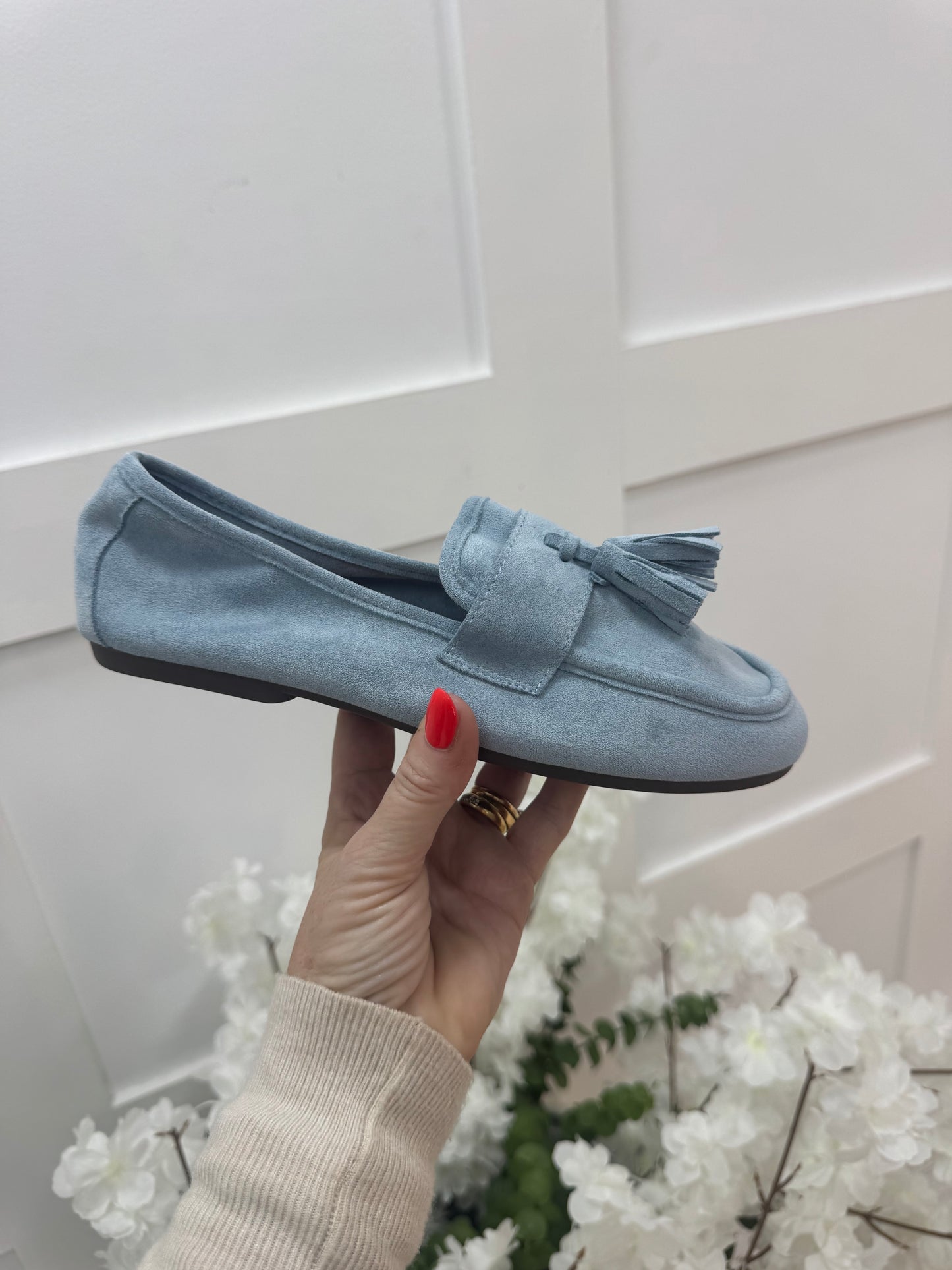 Lula: Powder blue suedette loafer. Sizes: 3-8