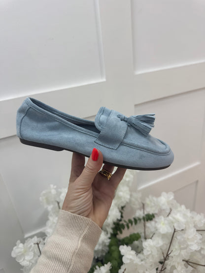 Lula: Powder blue suedette loafer. Sizes: 3-8