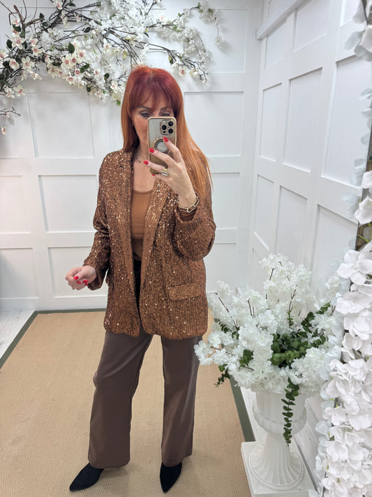 Zarina: Bronze sequin blazer. One size: 12-16