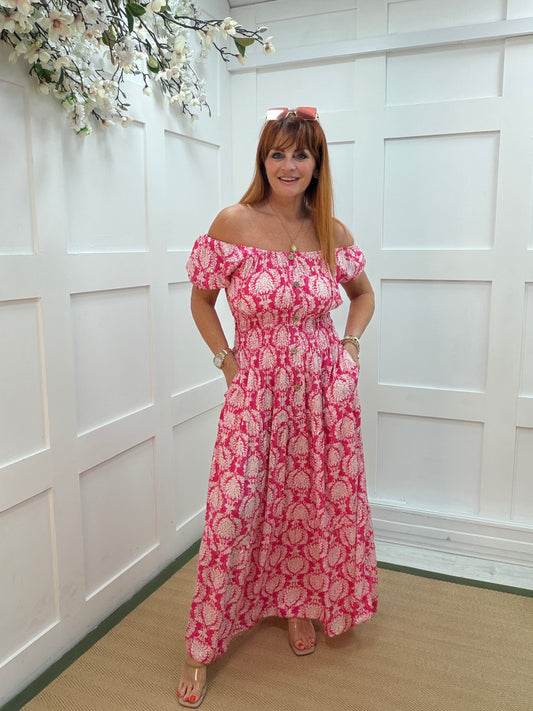 Paisley: Hot pink stretchy bardot maxi dress. One size: 10-18