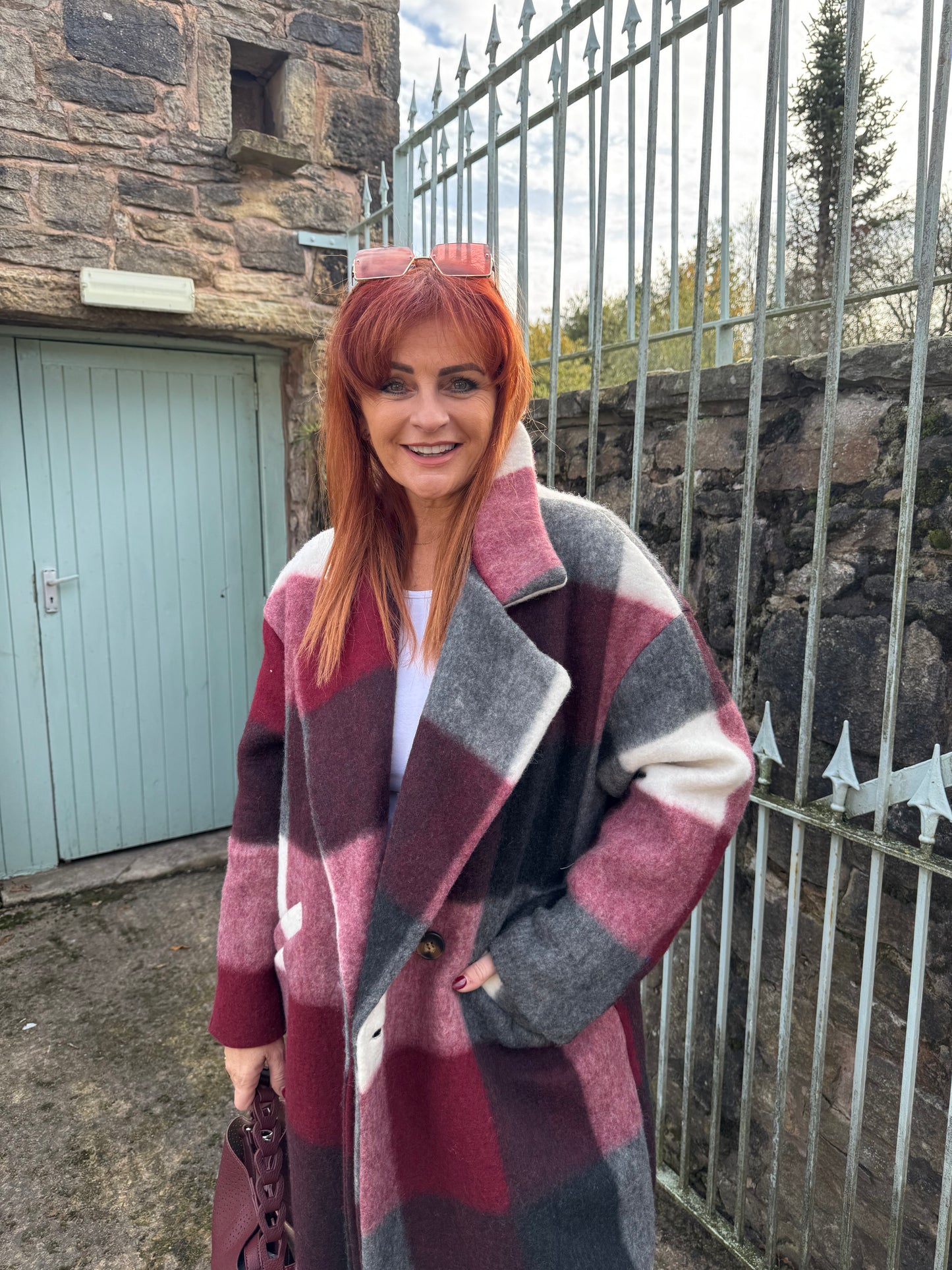 Loxley: Burgundy & grey check wool coat. One size 12-20