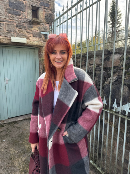 Loxley: Burgundy & grey check wool coat. One size 12-20