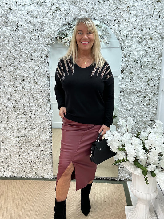 Pasha: Black leopard print sequin top. One size: 12-18